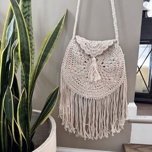 Tulum Handmade MACRAME CROCHET Crossbody Bag Ivory Boho Artisan Festival